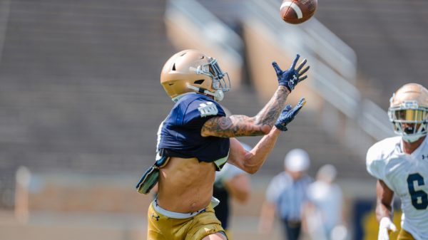 Notre Dame WR Braden Lenzy catching pass at practice