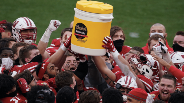 Wisconsin football team celebrates a victory